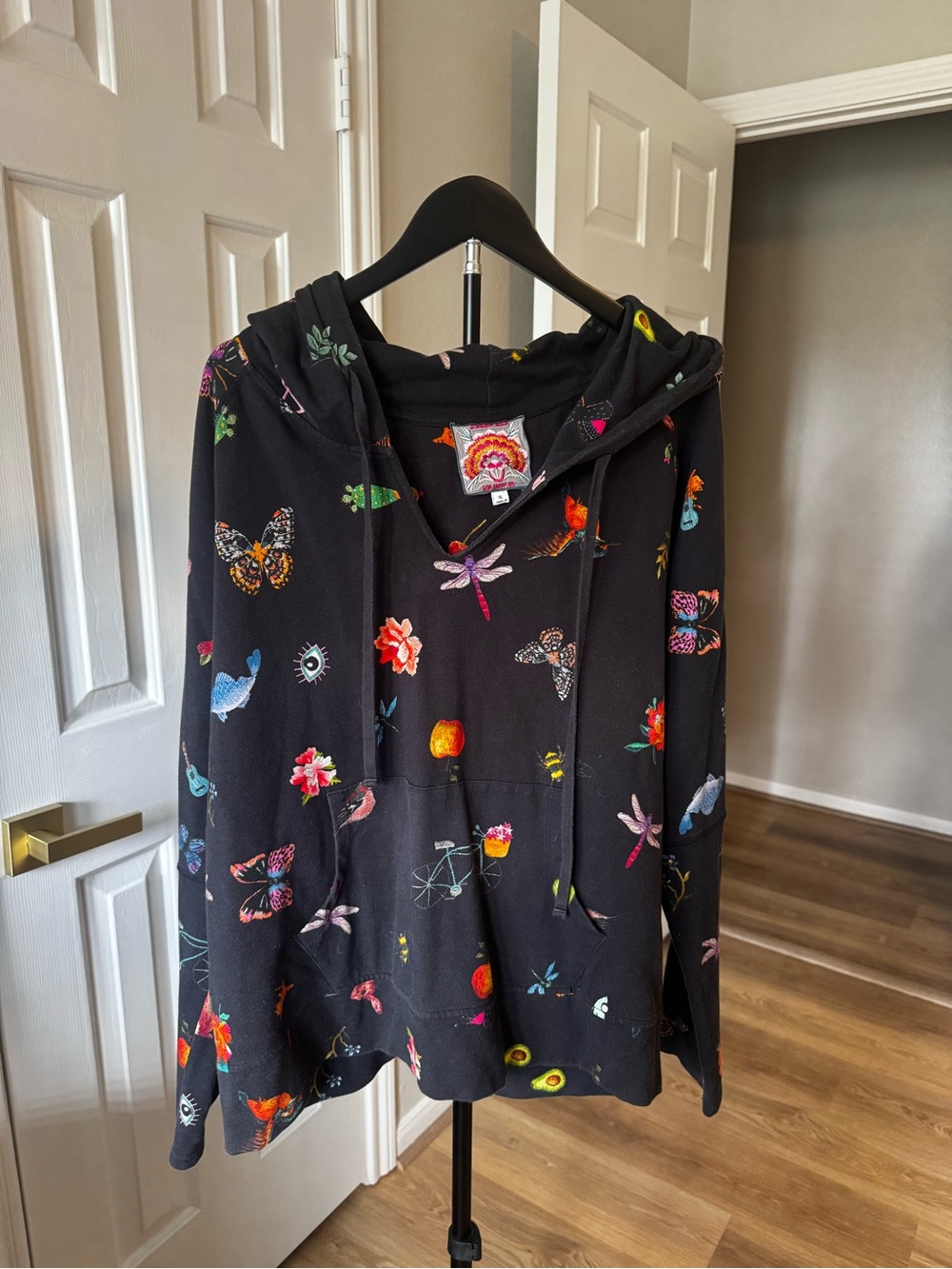 Johnny Was Black Hoodie with Multicolor Floral and Butterfly Motifs